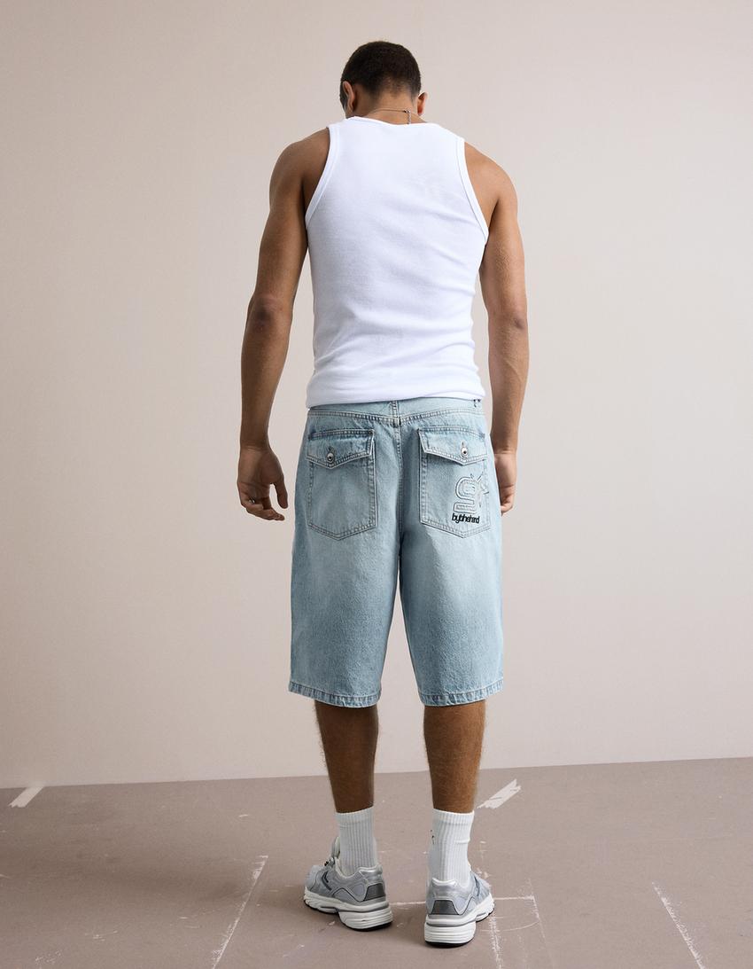 Bermuda denim brodé-Bleu clair