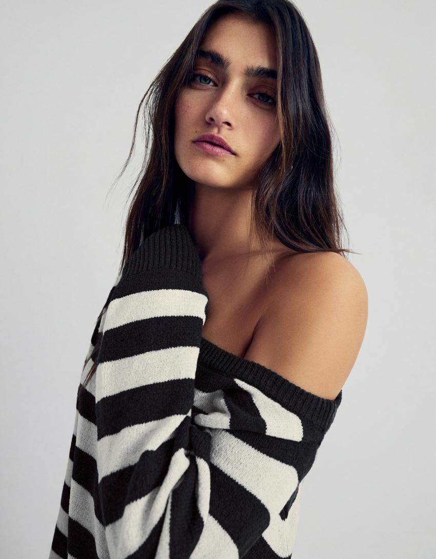 Свитер асимметричного кроя в стиле рустик в полоску-Синий