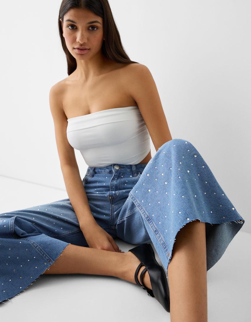 بنطلون واسع وقصير جينز بحجر الراين-أزرق فاتح-3