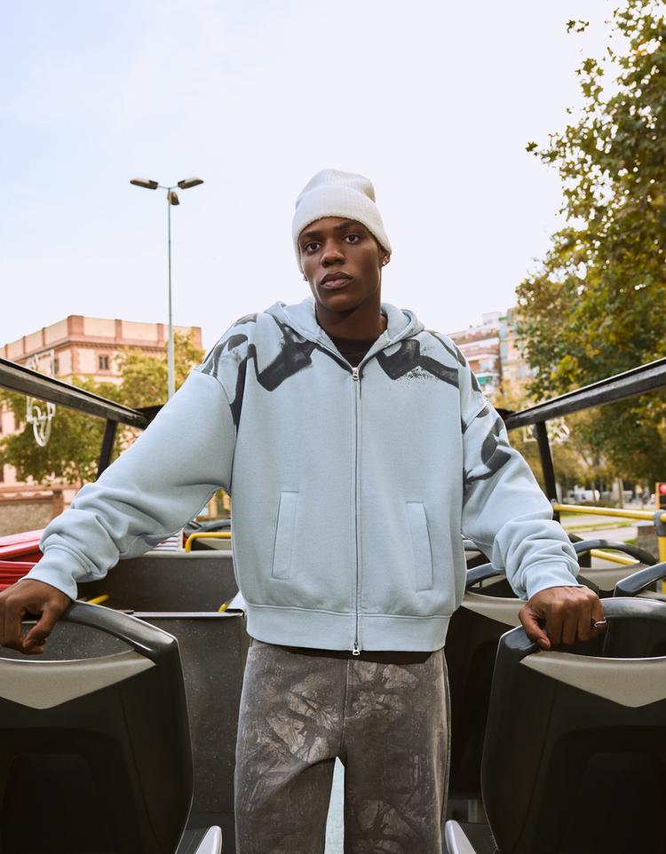 Printed zip-up hood sweatshirt