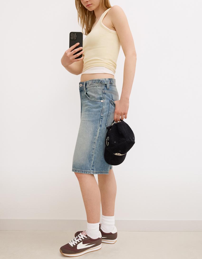 Balloon fit denim Bermuda shorts-Light blue