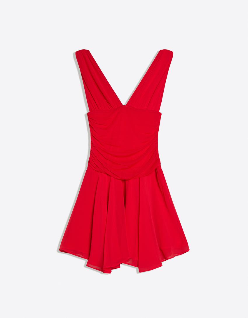 Vestito mini in chiffon con balze-Rosso