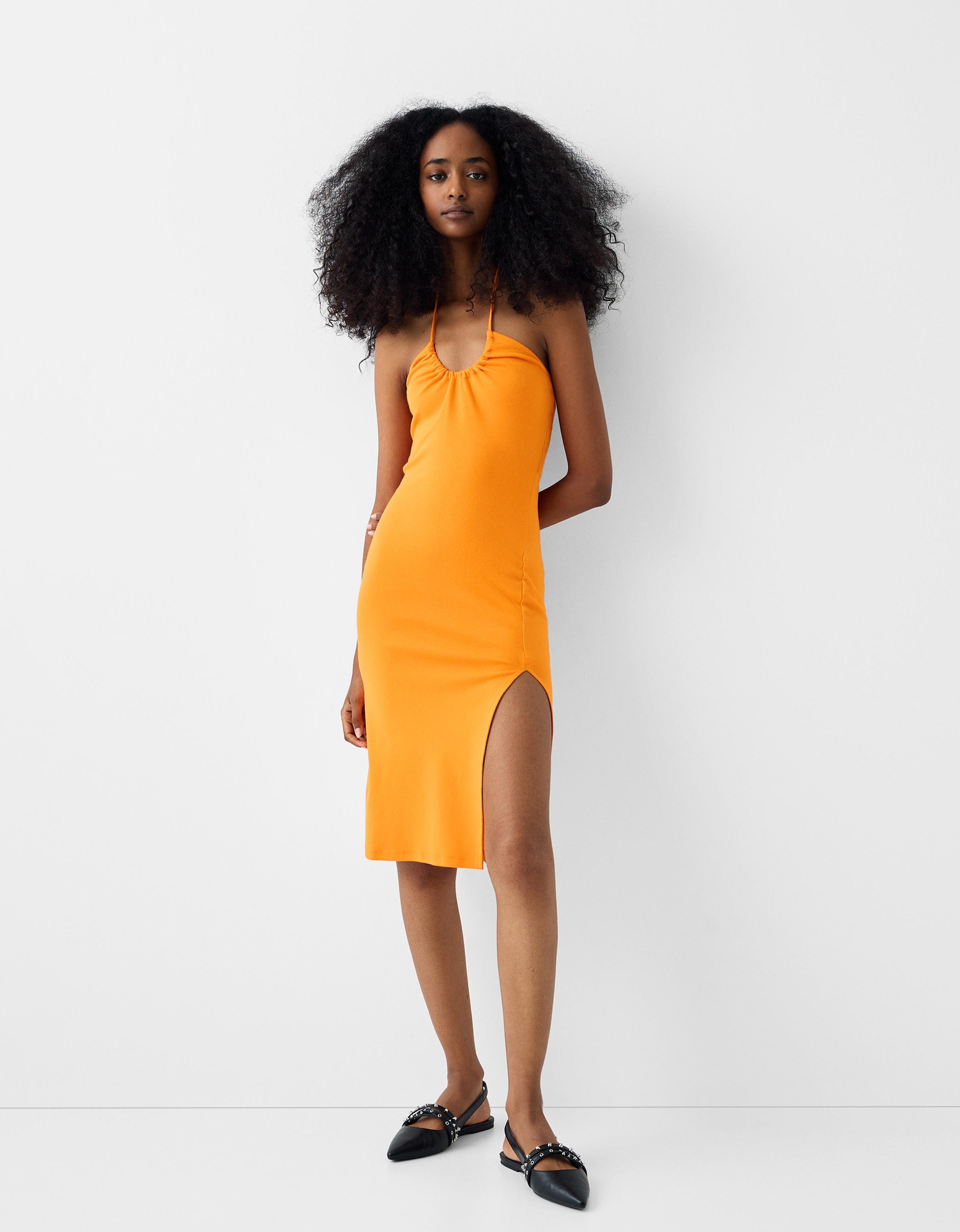 Midi dress with gathering and slit