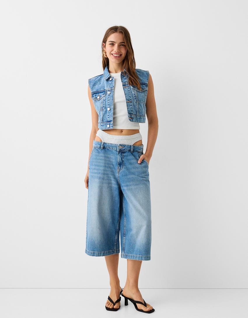 Cropped denim waistcoat-Light blue-3