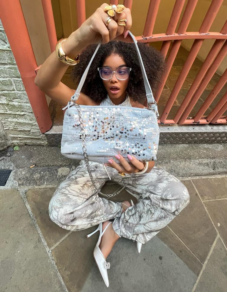 Sequinned denim mini bag