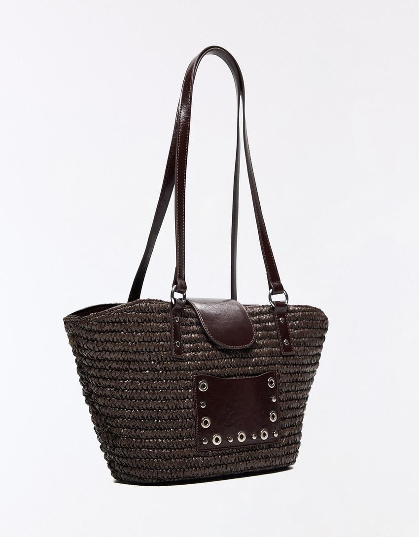 Studded raffia tote bag-Brown
