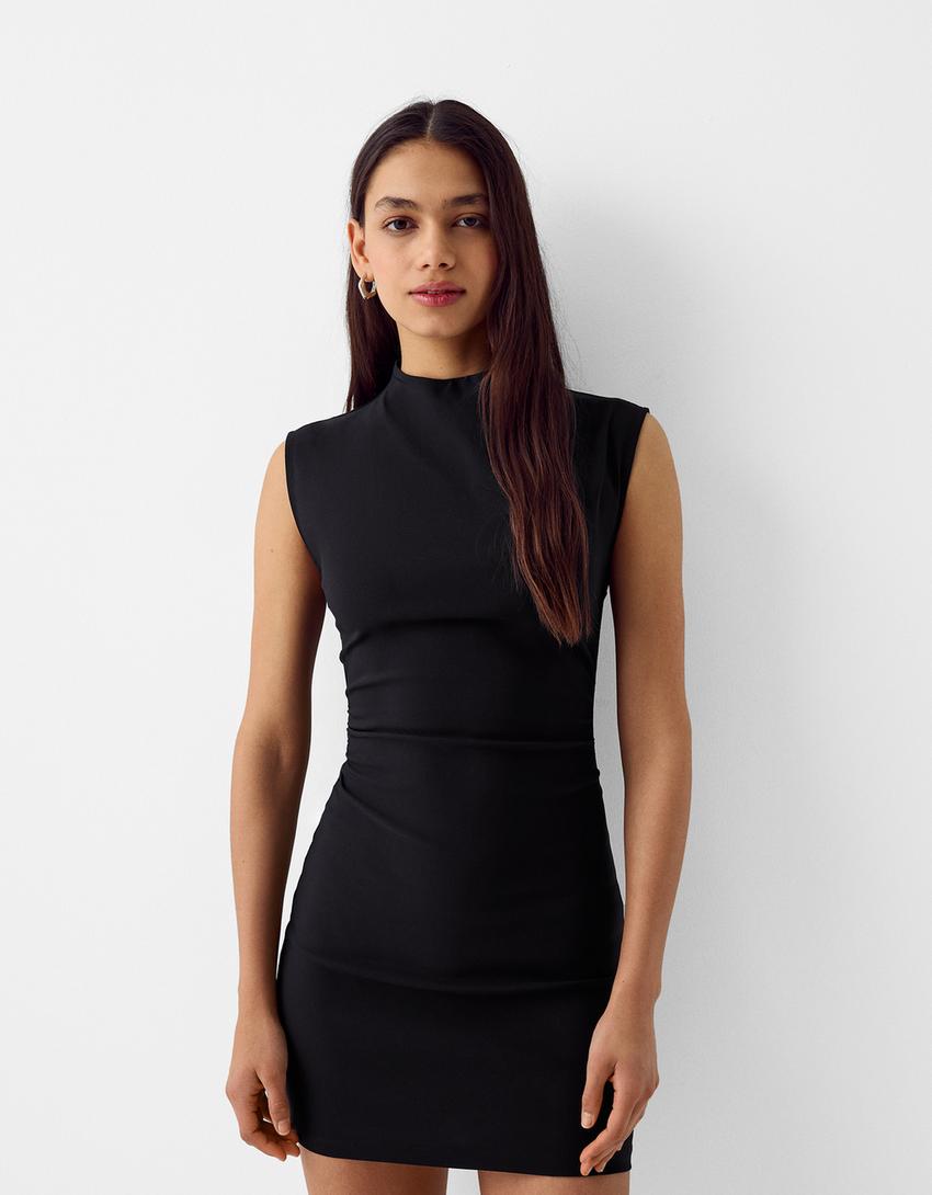 Къса рокля от бенгалин без ръкави-Черно-1