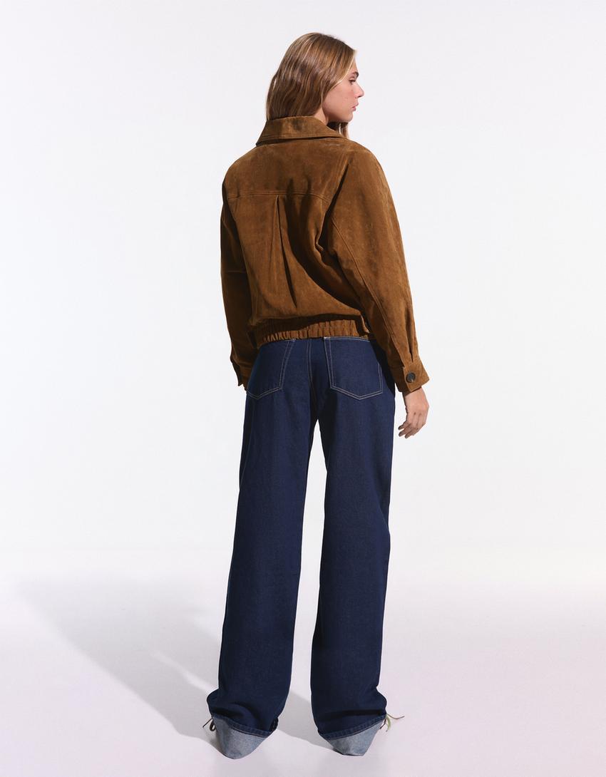 Çapraz süet deri ceket-Kahverengi