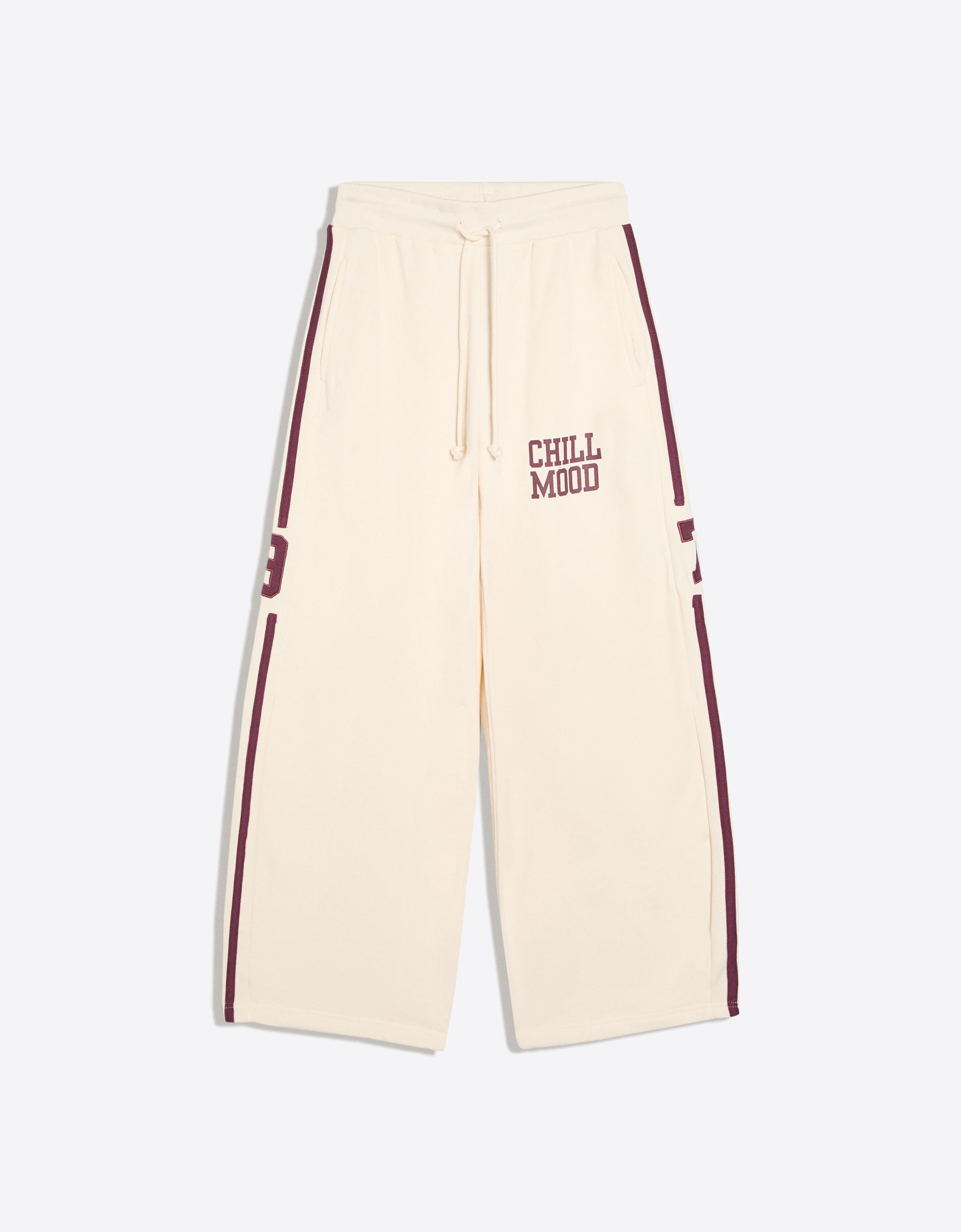 Embroidered wide-leg plush trousers — Cream