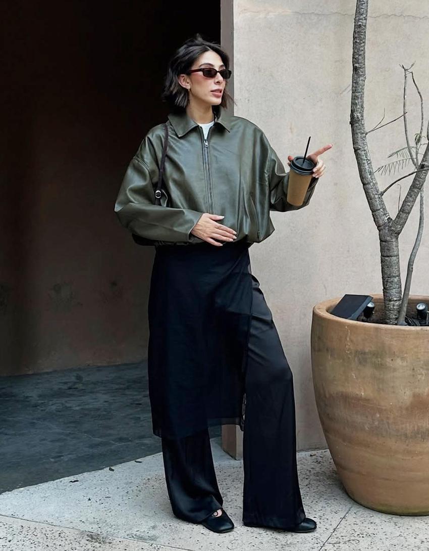Faux leather bomber jacket with belt-Khaki