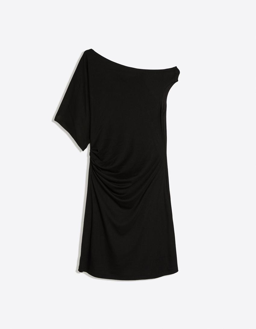 Asymmetric striped mini dress-Black