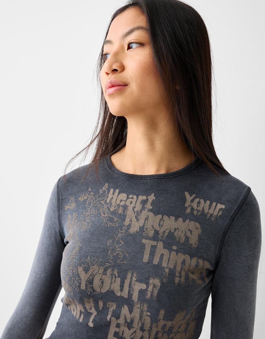 T-shirt à manches longues imprimé-Gris-2