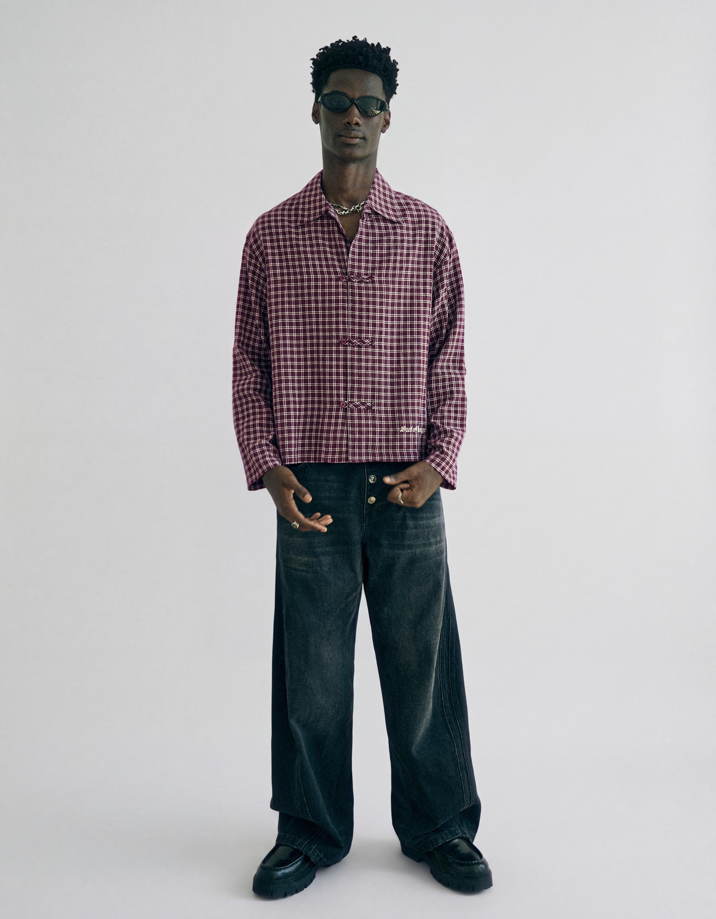 Check long sleeve shirt with clasps — Maroon