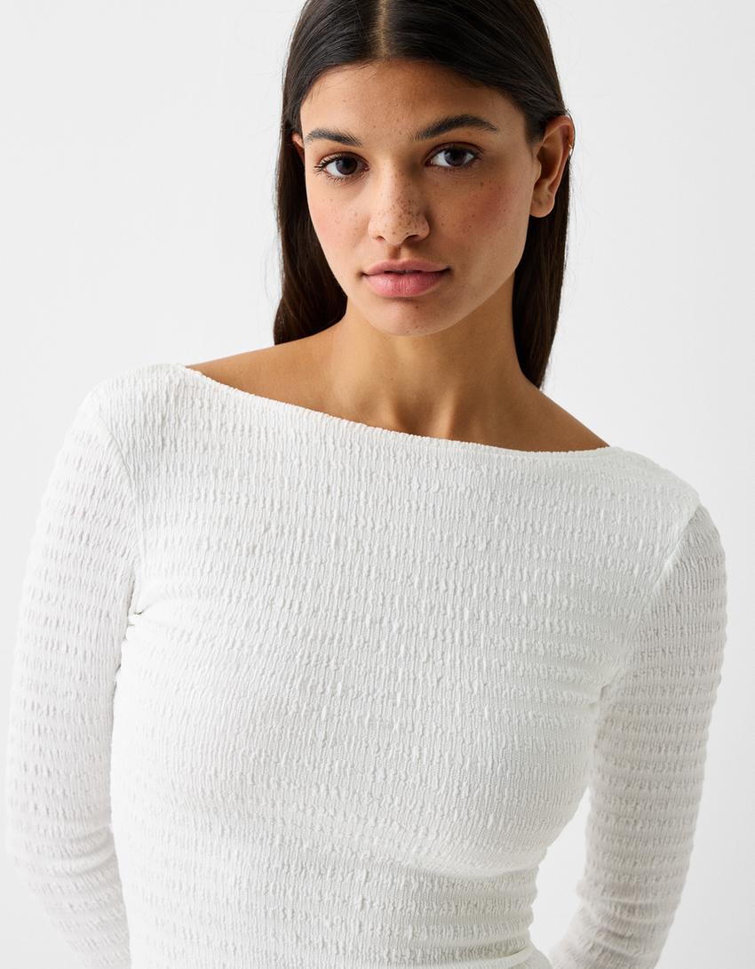 Vestido mini manga comprida efeito de waffle-Cru-5