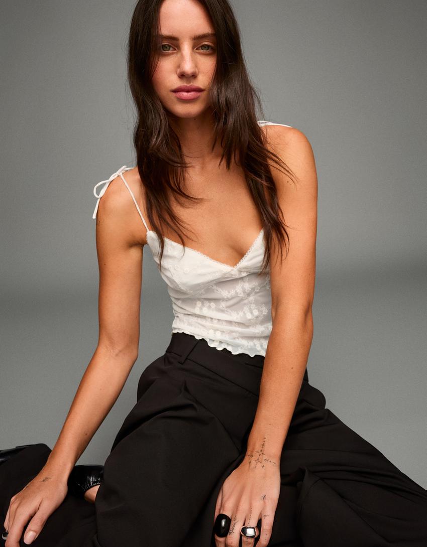 Strappy embroidered tulle top-Cream