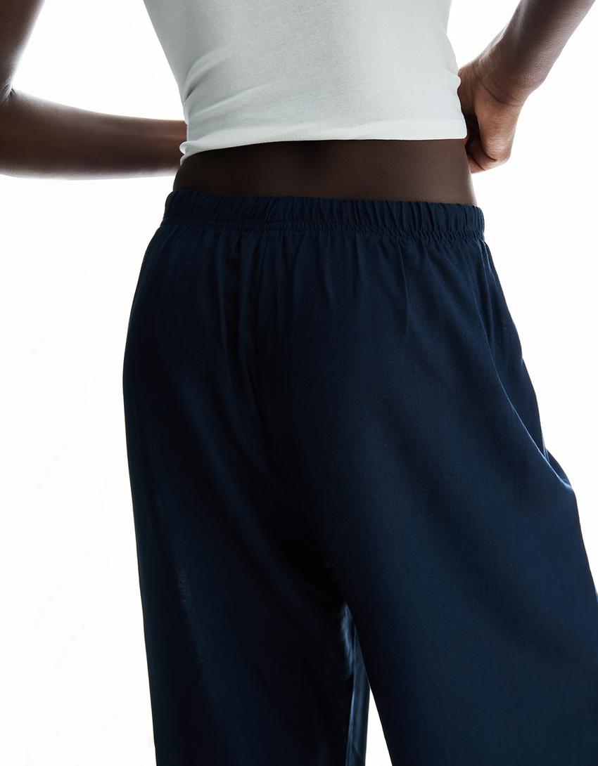 Linnenmix broek met elastische tailleband-Marineblau-1