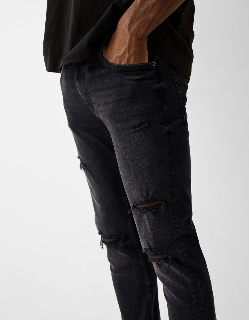 Jeans skinny fit rasgões salpicos-Preto-3