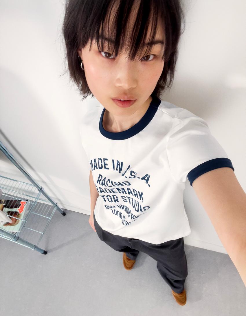 Camiseta manga corta contraste print-Blanco roto-1