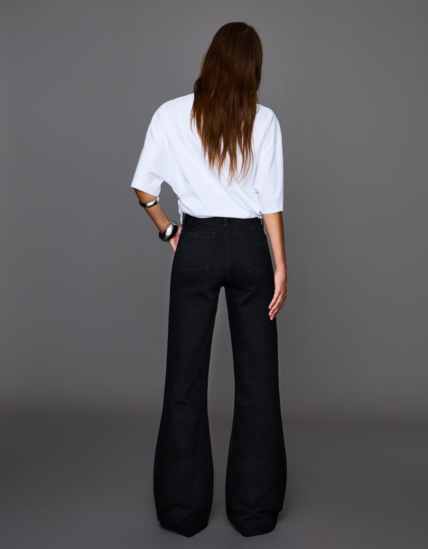 Jeans de perna larga sem costuras com bolsos-Preto-1