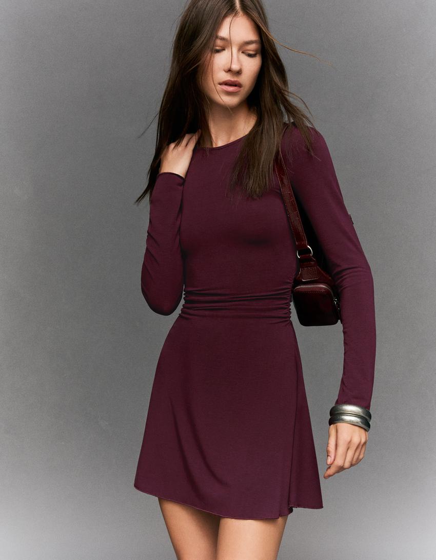 Vestido mini manga larga frunces-Burdeos