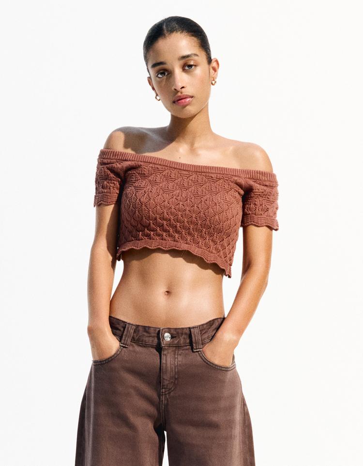 Rustic short sleeve Bardot sweater