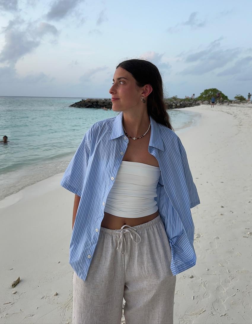 قميص مقلم بأكمام قصيرة-أزرق فاتح-3