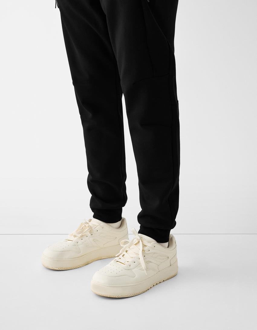 Calças jogger felpa cortes-Preto-3