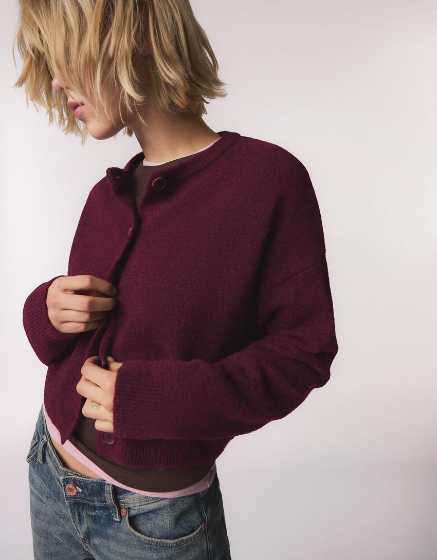 Soft touch button-up cardigan-Burgundy