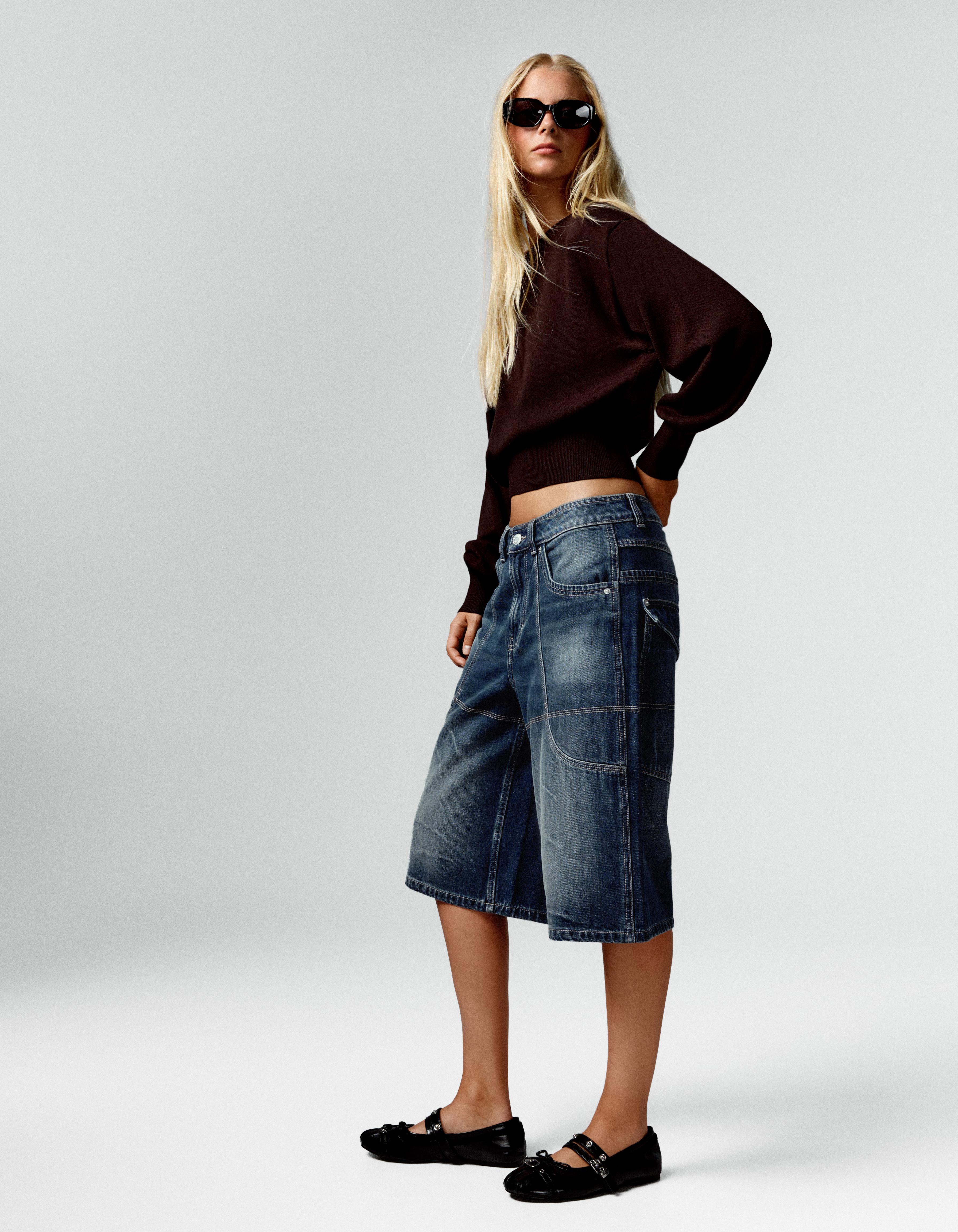 Long denim Bermuda shorts with pocket detail — Dark blue