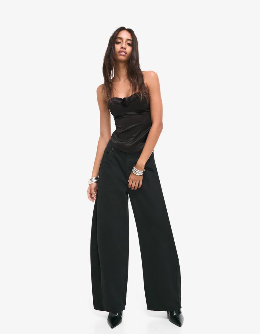 Floral satin top-Black