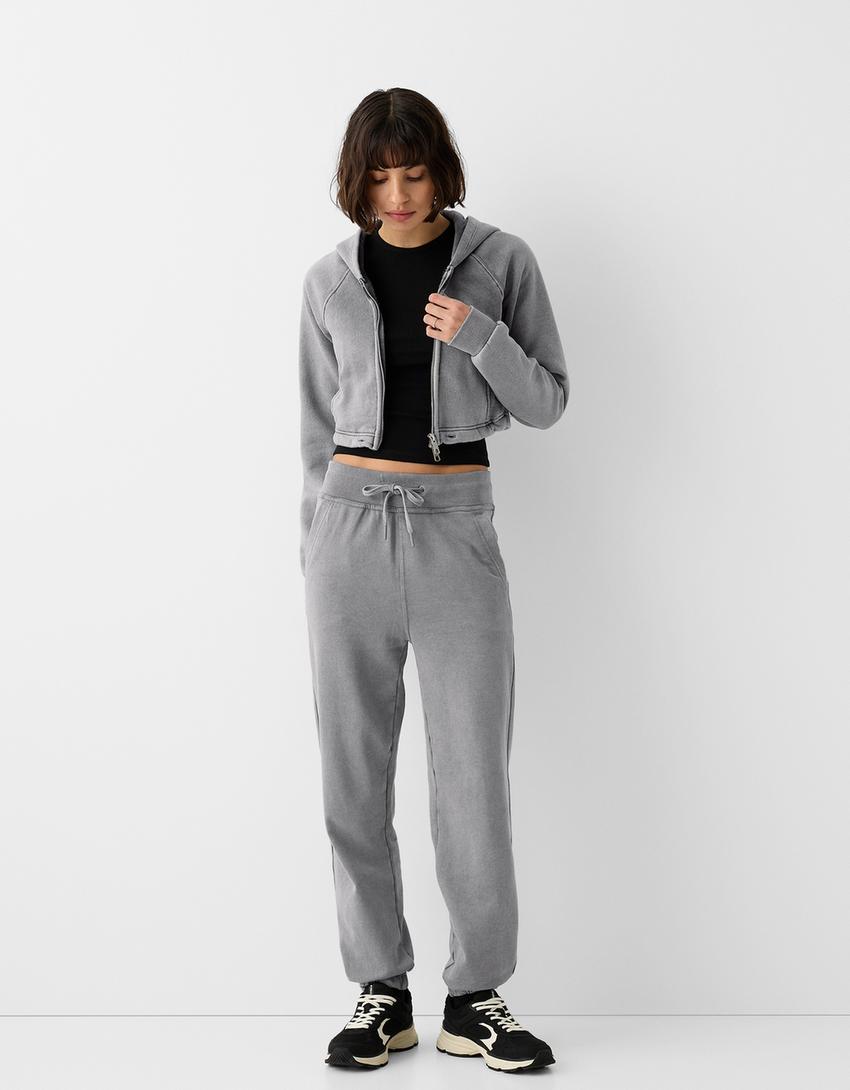 Cropped zip-up hoodie-Grey-3