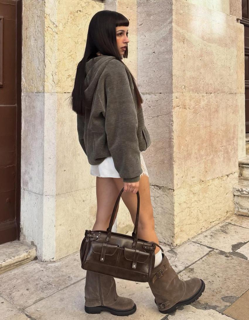 Baskılı şönil kapüşonlu fermuarlı sweatshirt-Gri