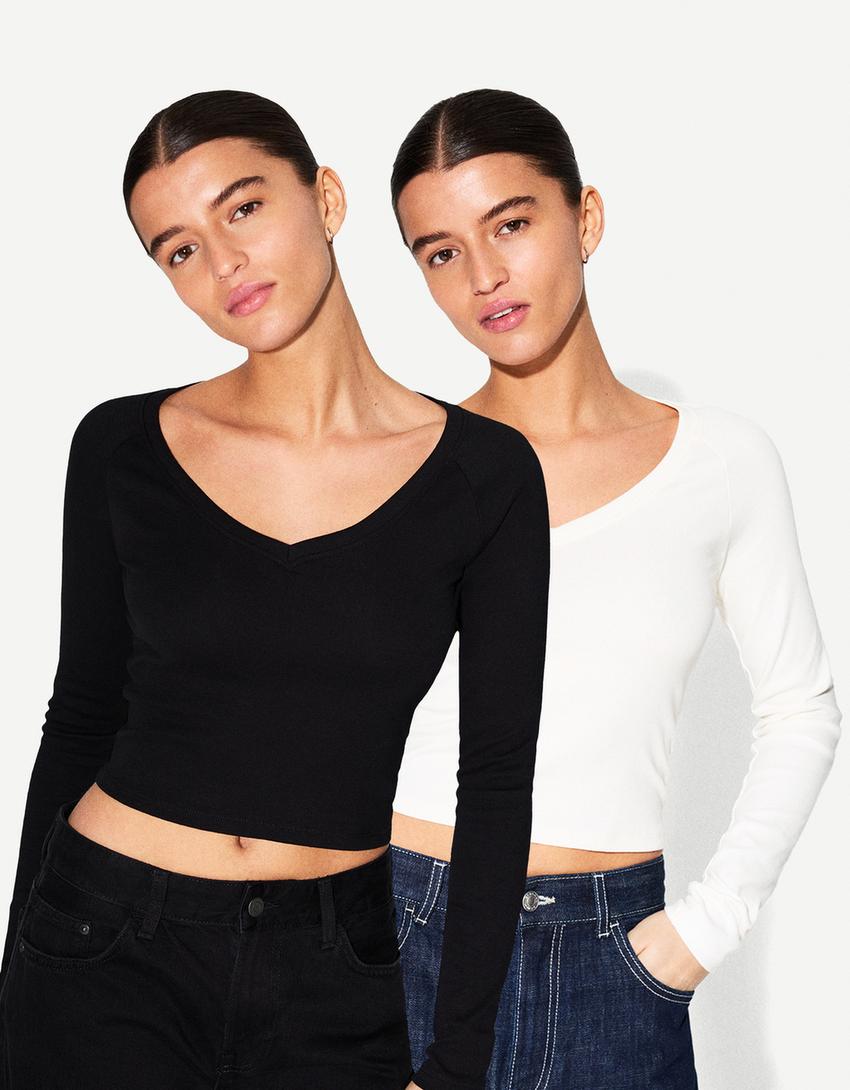 2-pack van T-shirts met lange mouwen en V-hals-Veelkleurig-0