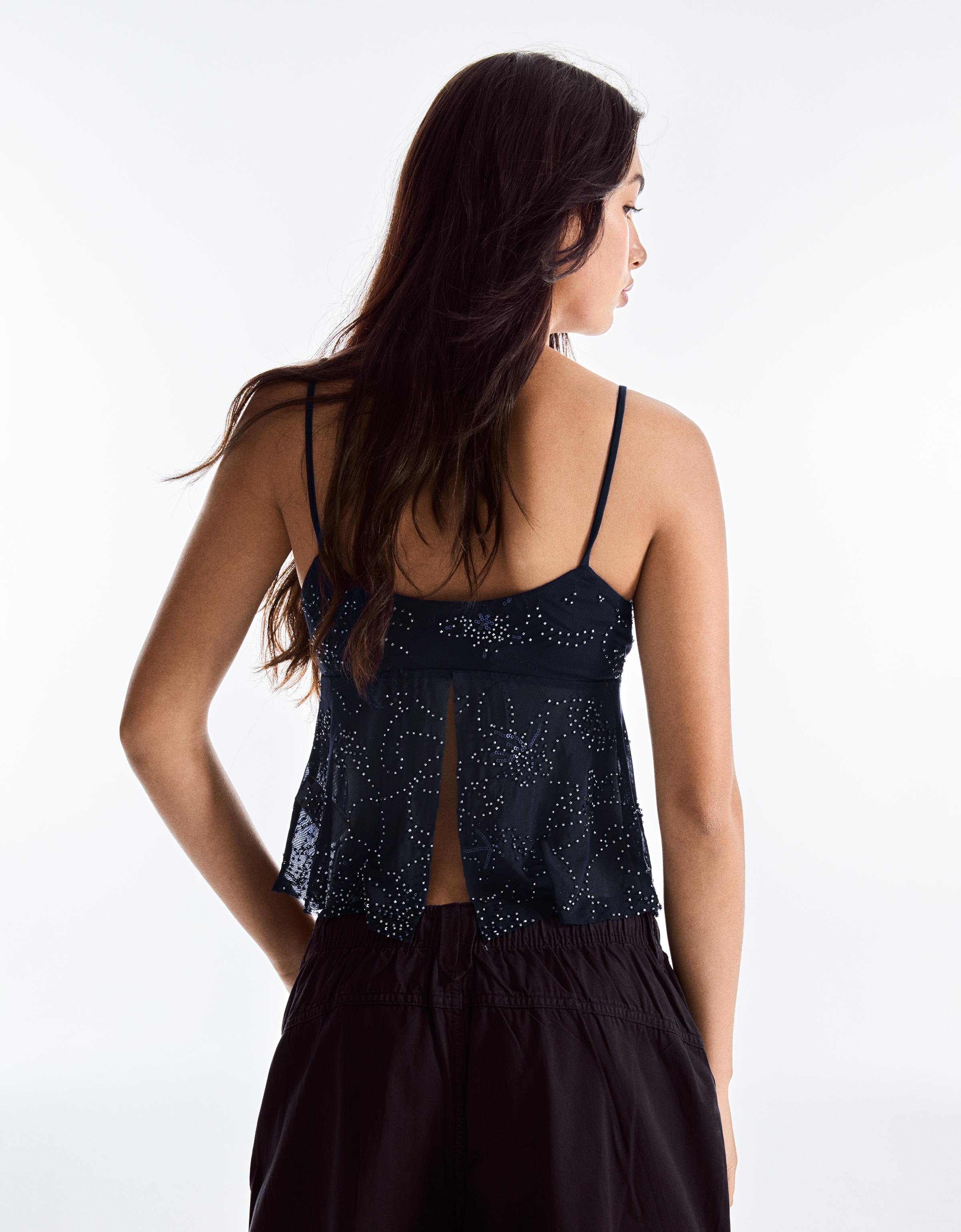 Rhinestone mesh strappy top — Navy