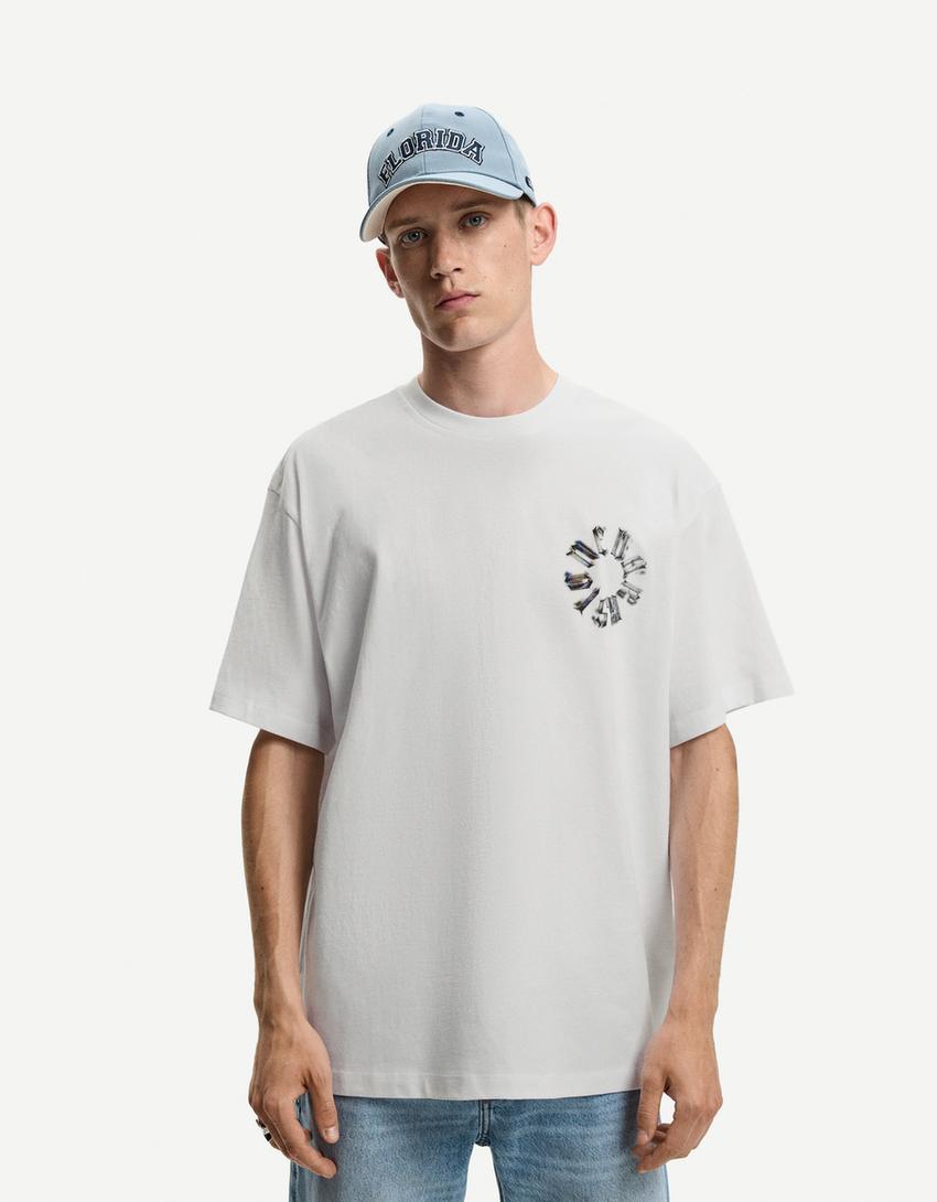 T-shirt de manga curta com estampado-Branco-0