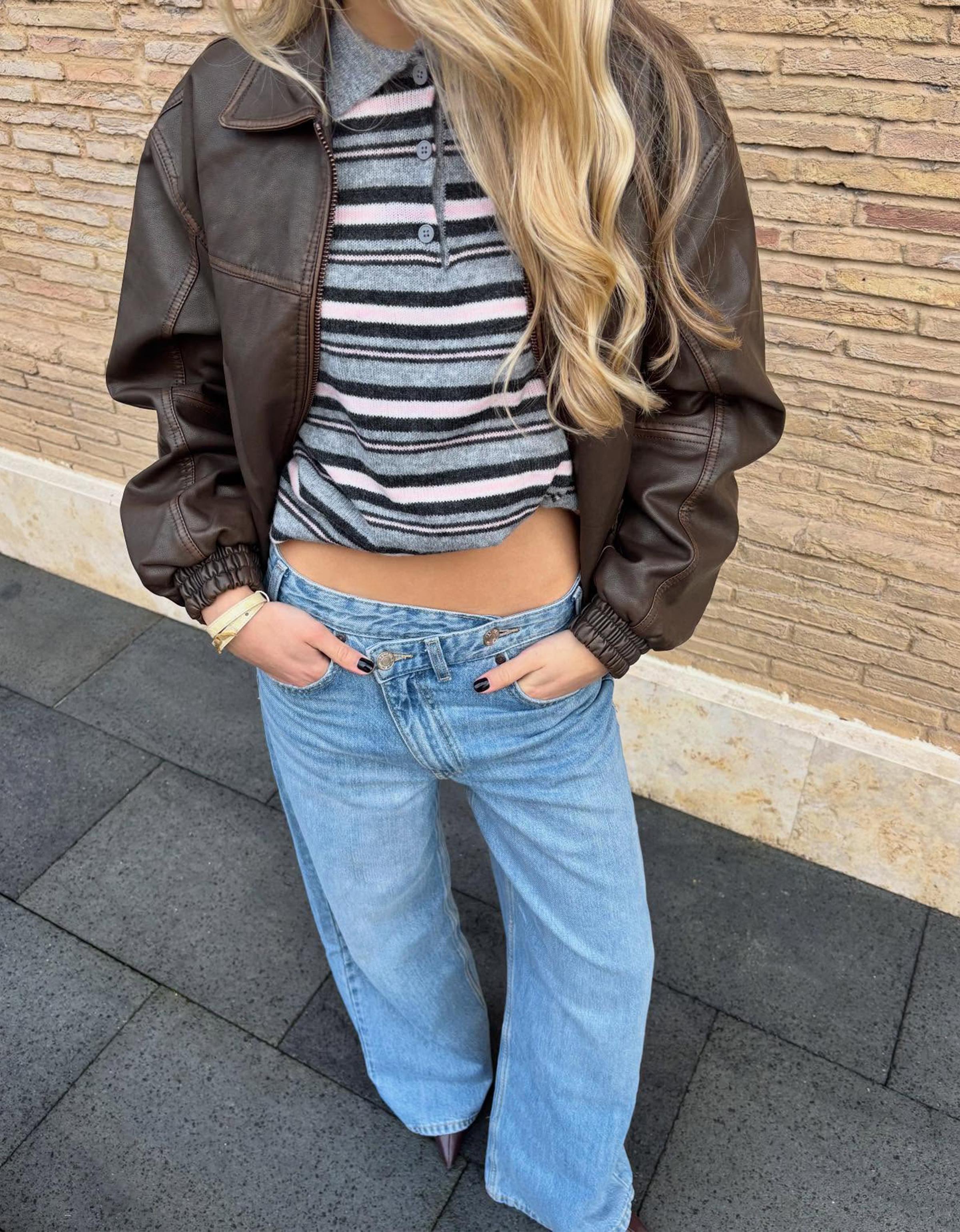 Çapraz belli yüksek bel geniş paça jean