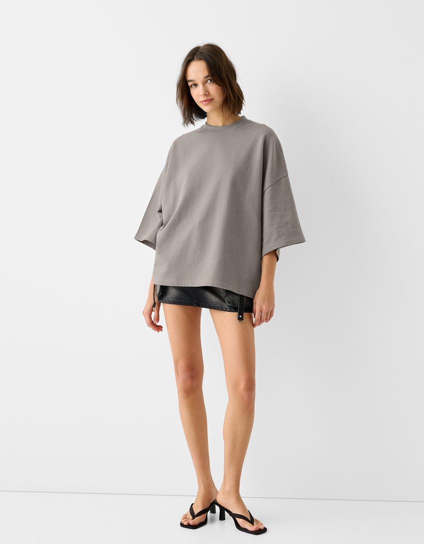 T-shirt manga curta cropped felpa-Cinza-3