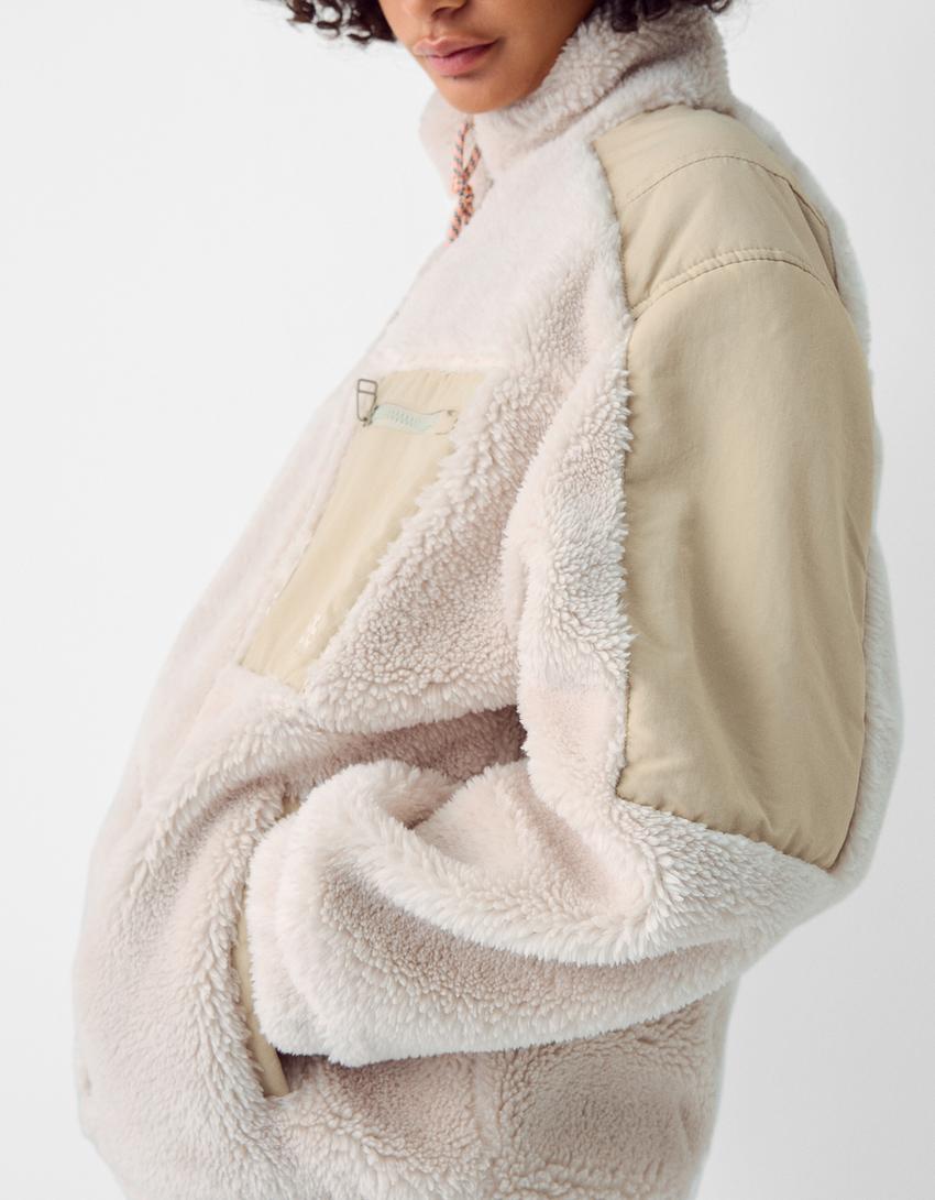 Contrast faux shearling nylon blend jacket-Cream-5