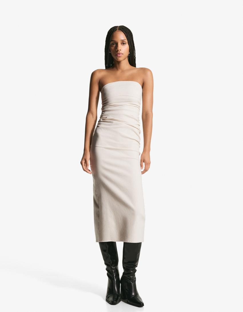 Bengaline bandeau midi dress-Brown