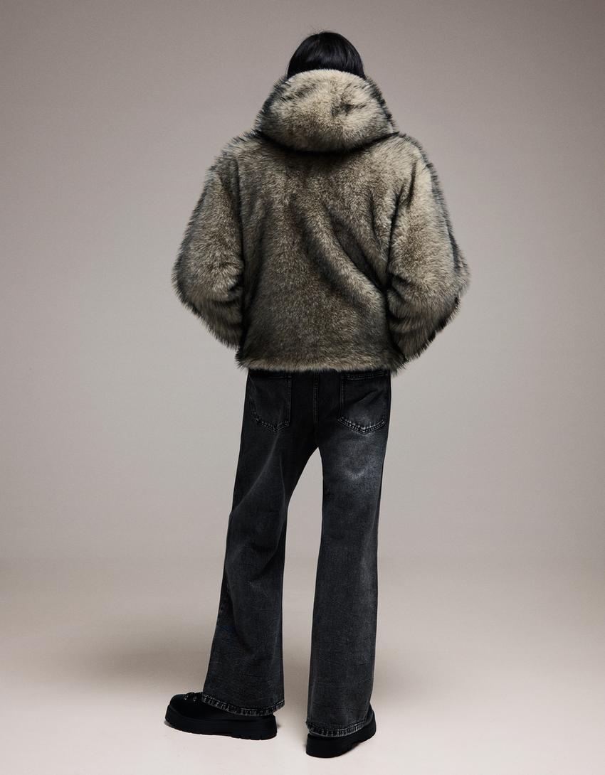 Blouson fausse fourrure capuche-Gris