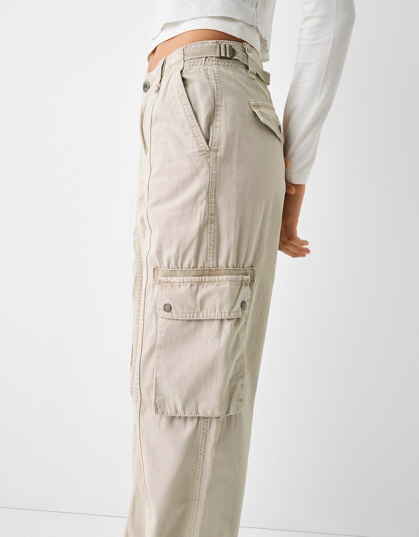 Calças straight cargo ajustáveis algodão-Areia-3