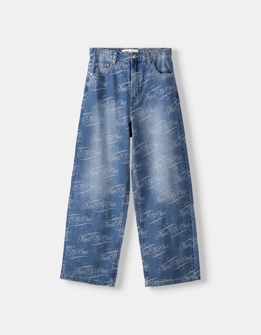 Jacquard print baggy jeans-Light blue-4