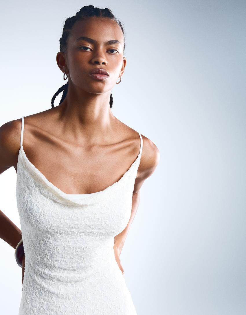 Robe midi en dentelle-Blanc cassé-1