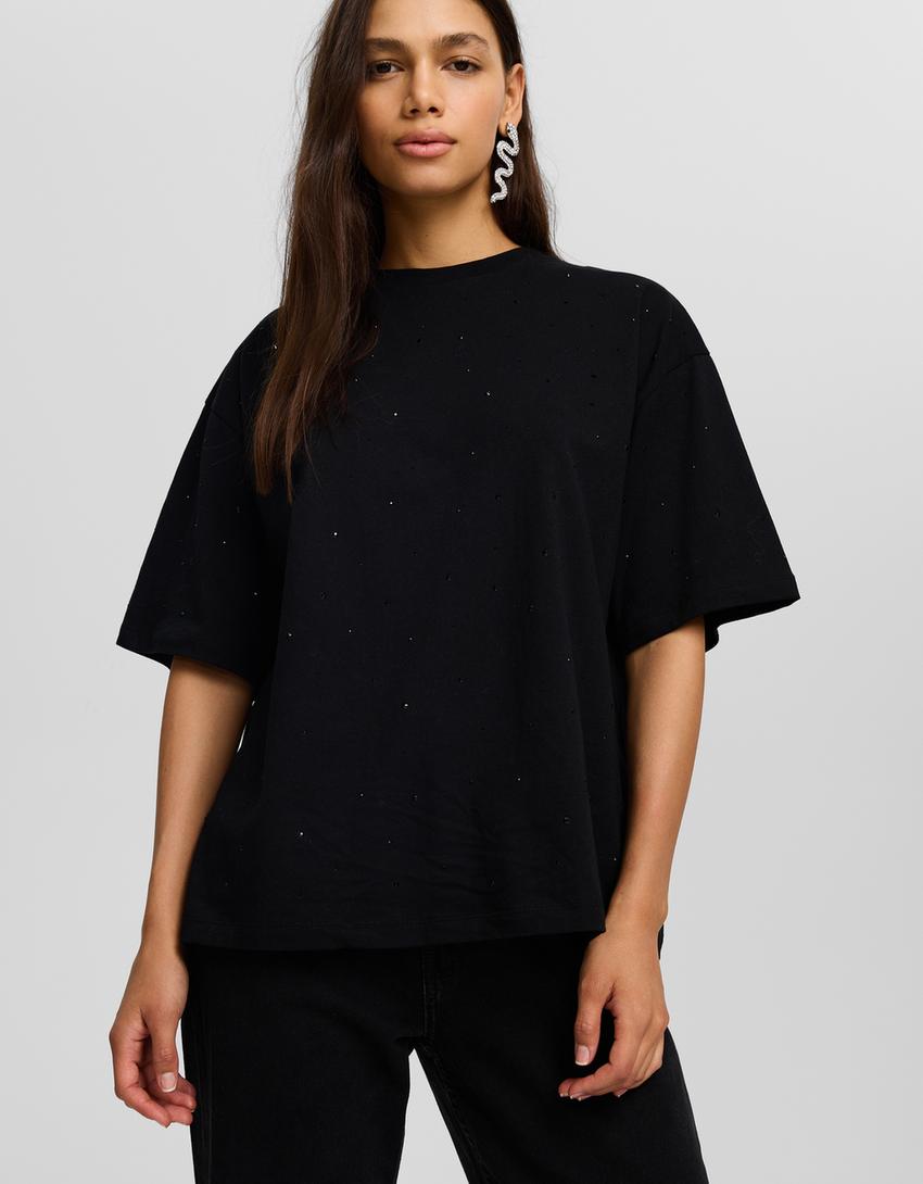 T-shirt manga curta oversize strass-Preto-2