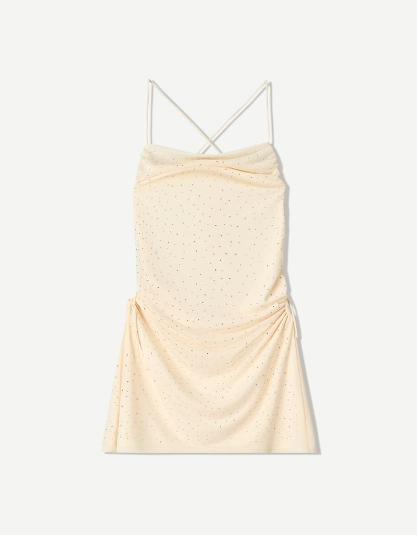 Mini robe bretelles strass-Écru
