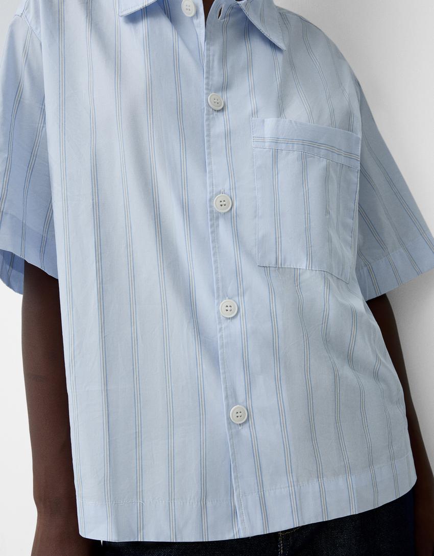 قميص مخطط بقصّة مربعة وأكمام قصيرة-أزرق فاتح-5