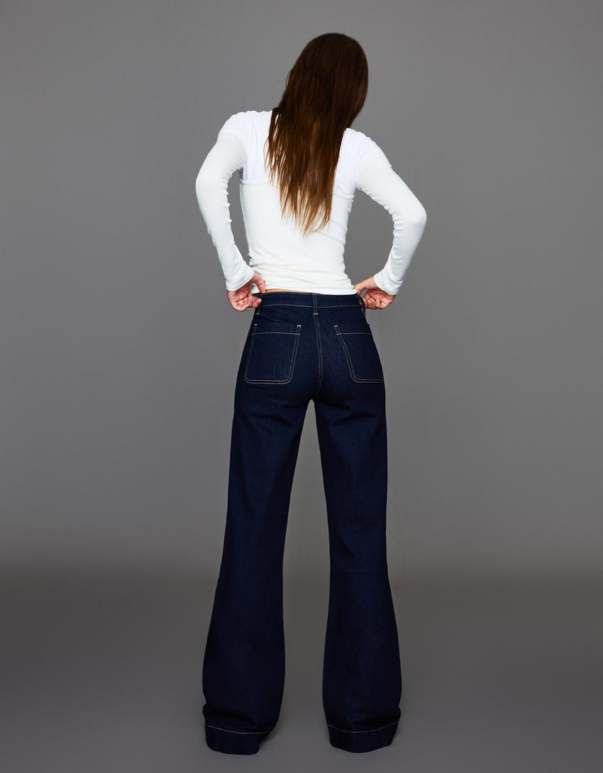 Jeans wide leg sans coutures poches-Marine