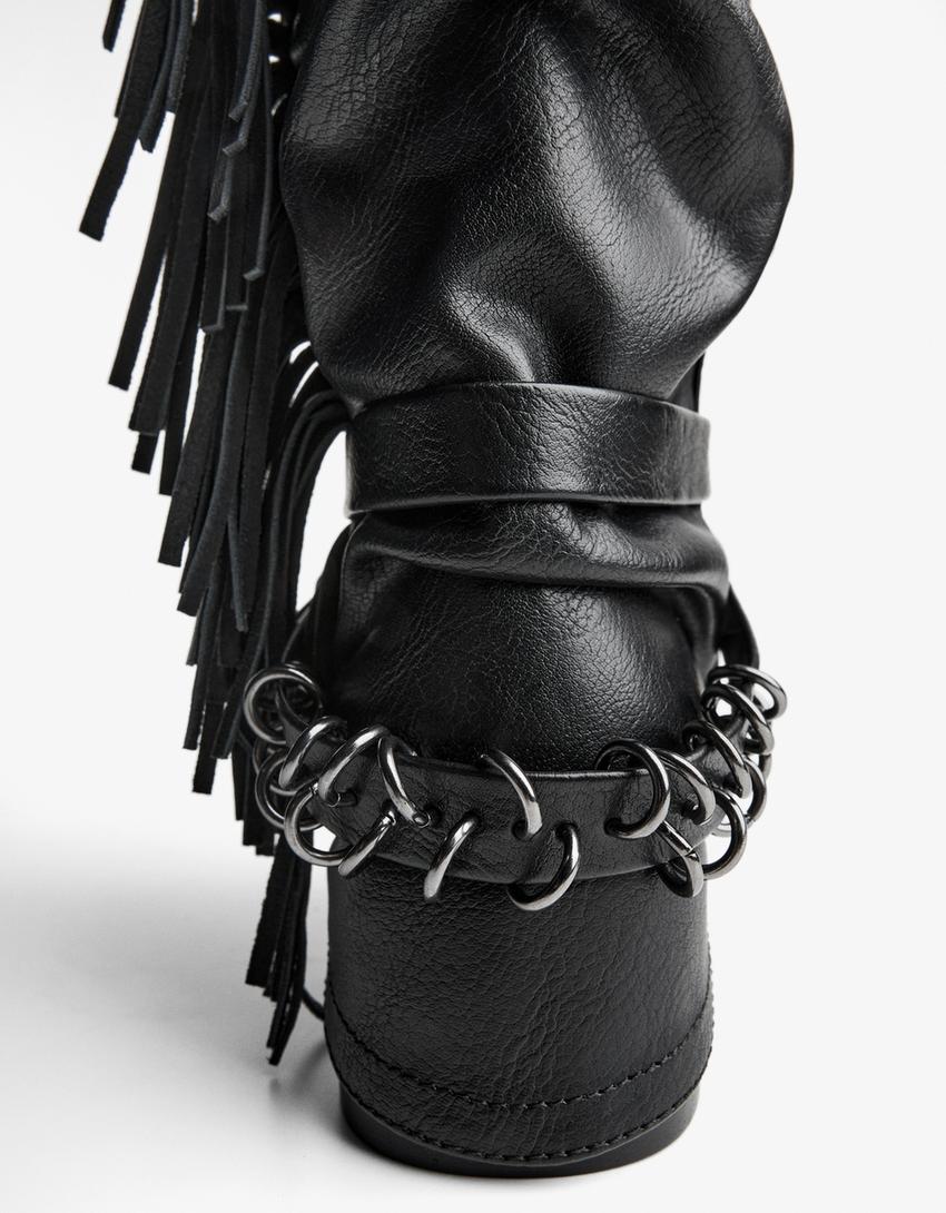 Bota rasa calças com franjas-Preto-1