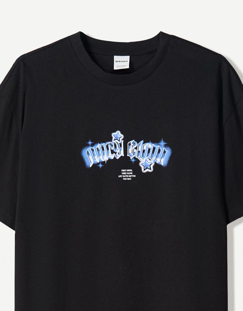 T-shirt de manga curta com estampado-Preto-2