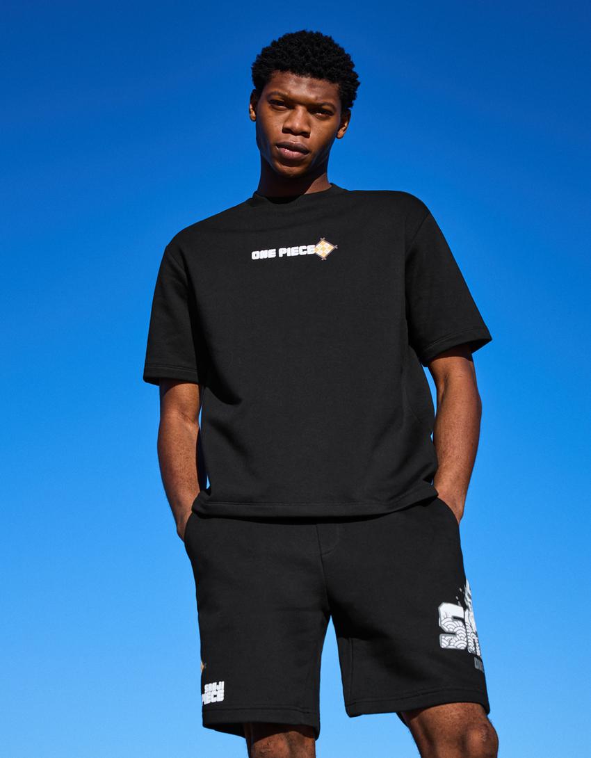 T-shirt One Piece molleton manches courtes imprimé-Noir